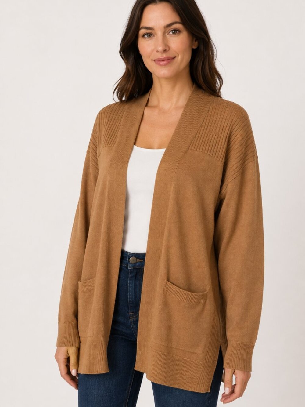 Time and Tru Women's Tan Open Front Cardigan Sweater Size L Pockets